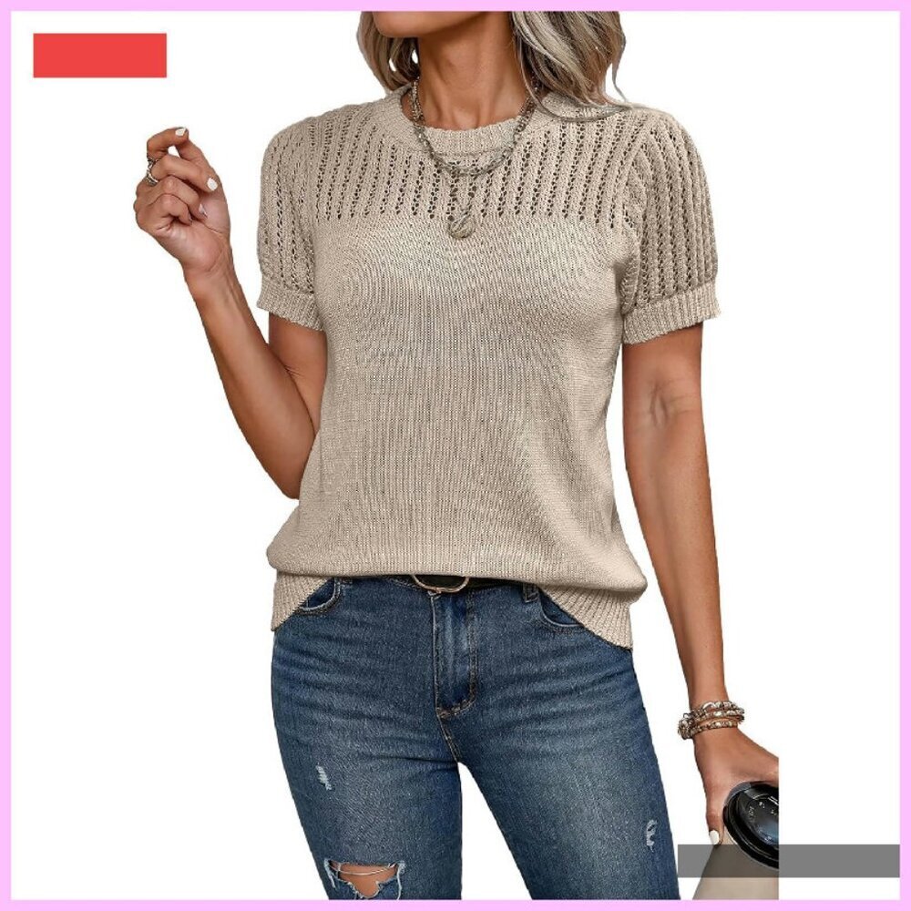 Summer Crewneck Hollow Out Knit Blouse Loose Fit Tunic Top